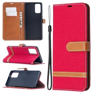 huismerk Voor Samsung Galaxy Note20 Color Matching Denim Texture Horizontale Flip Lederen Case met Holder & Card Slots & Wallet & Lanyard(Red)