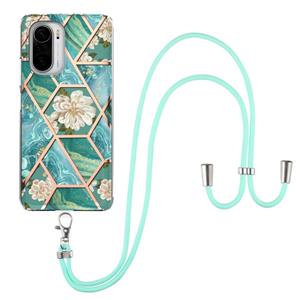 huismerk Voor Xiaomi MI 11I / POCO F3 Electroplating Splicing Marmeren Bloempatroon TPU Schokbestendig Case met Lanyard (Blue Flower)