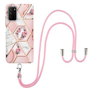 huismerk Voor Xiaomi Poco M3 / Redmi Note 9 4G Electroplating Splicing Marble Flower Pattern TPU Shockproof Case met Lanyard (Pink Flower)