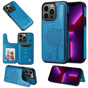 huismerk Cat Tree Embossing Pattern Shockproof Phone Case For iPhone 13 Pro(Blue)