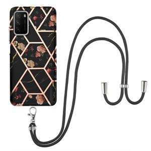 huismerk Voor Xiaomi Poco M3 / Redmi Note 9 4G Electroplating Splicing Marmeren Bloem Patroon TPU Schokbestendig Case met Lanyard (Black Flower)