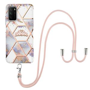 huismerk Voor Xiaomi POCO M3 / Redmi Note 9 4G Electroplating Splicing Marmeren Bloempatroon TPU Shockproof Case met Lanyard (Imperial Crown)