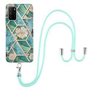 huismerk Voor Xiaomi Poco M3 / Redmi Note 9 4G Electroplating Splicing Marmeren Bloem Patroon TPU Schokbestendig Case met Lanyard (Blue Flower)