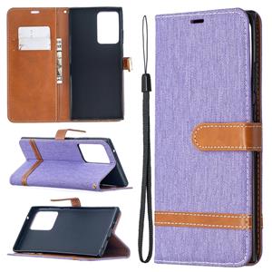 huismerk Voor Samsung Galaxy Note20 Ultra Color Matching Denim Texture Horizontale Flip Lederen Case met Holder & Card Slots & Wallet & Lanyard(Paars)