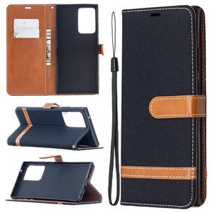 huismerk Voor Samsung Galaxy Note20 Ultra Color Matching Denim Texture Horizontale Flip Lederen Case met Holder & Card Slots & Wallet & Lanyard(Zwart)