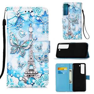 huismerk Voor Samsung Galaxy S22 5G Gekleurde Tekening Patroon Plain Weave Lederen Telefoonhoesje Met Houder & Card Slot & Portemonnee & Lanyard (Tower Butterf