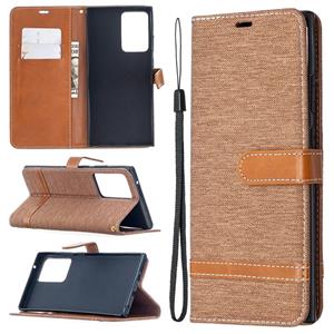 huismerk Voor Samsung Galaxy Note20 Ultra Color Matching Denim Texture Horizontale Flip Lederen Case met Holder & Card Slots & Wallet & Lanyard(Bruin)