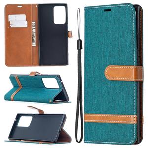 huismerk Voor Samsung Galaxy Note20 Ultra Color Matching Denim Texture Horizontale Flip Lederen Case met Holder & Card Slots & Wallet & Lanyard(Groen)