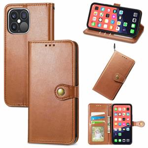 huismerk Voor iPhone 13 Pro Max Solid Color Leather Buckle Phone Case met Lanyard & Photo Frame & Card Slot & Wallet & Stand-functie (Bruin)