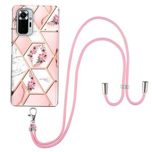 huismerk Voor Xiaomi Redmi Note 10 Pro / 10 Pro Max Electroplating Splicing Marmeren Bloempatroon TPU Shockproof Case met Lanyard (Pink Flower)