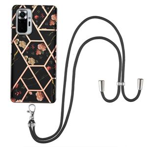 huismerk Voor Xiaomi Redmi Note 10 PRO / 10 Pro Max Electroplating Splicing Marmeren Bloempatroon TPU Schokbestendig Case met Lanyard (Black Flower)