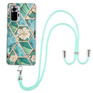 huismerk Voor Xiaomi Redmi Note 10 Pro / 10 Pro Max Electroplating Splicing Marmeren Bloem Patroon TPU Schokbestendig Case met Lanyard (Blue Flower)