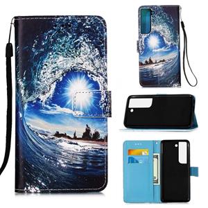 huismerk Voor Samsung Galaxy S22 + 5G Gekleurde Tekening Patroon Plain Weave Lederen Telefoonhoesje Met Houder & Card Slot & Portemonnee & Lanyard (Ocean Golve