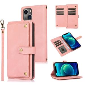 huismerk PU + TPU horizontale flip lederen geval met houder en kaartsleuf & portemonnee & lanyard voor iPhone 13 (roze)