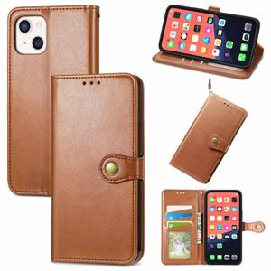 huismerk Voor iPhone 13 Solid Color Leather Gesp Telefoonhoesje met Lanyard & Photo Frame & Card Slot & Wallet & Stand-functie (Bruin)