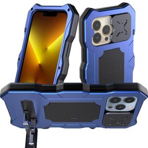 huismerk Metal + Silicone Sliding Camshield Holder Phone Case For iPhone 13 Pro Max(Blue)