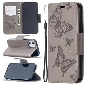 huismerk Voor iPhone 12 Embossing Two Butterflies Pattern Horizontal Flip PU Leather Case met Holder & Card Slot & Wallet & Lanyard(Grey)