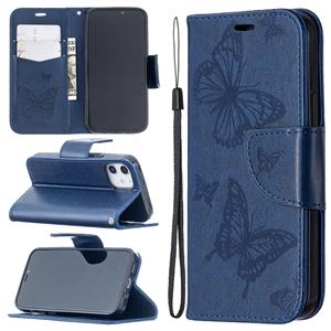 huismerk Voor iPhone 12 Embossing Two Butterflies Pattern Horizontal Flip PU Leather Case met Holder & Card Slot & Wallet & Lanyard(Blue)