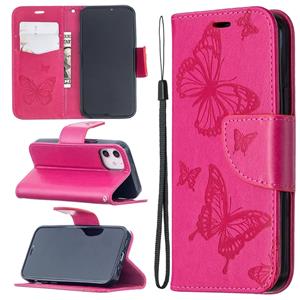 huismerk Voor iPhone 12 Embossing Two Butterflies Pattern Horizontal Flip PU Leather Case met Holder & Card Slot & Wallet & Lanyard(Rose Red)