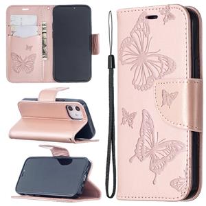 huismerk Voor iPhone 12 Embossing Two Butterflies Pattern Horizontal Flip PU Leather Case met Holder & Card Slot & Wallet & Lanyard(Rose Gold)