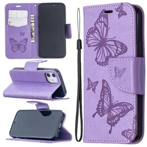 huismerk Voor iPhone 12 Embossing Two Butterflies Pattern Horizontal Flip PU Leather Case met Holder & Card Slot & Wallet & Lanyard(Paars)