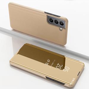 huismerk Voor Samsung Galaxy S22 5G Geplated Spiegel Horizontale Flip Leren Case met Houder (Goud)