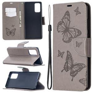 huismerk Voor Samsung Galaxy Note20 Embossing Two Butterflies Pattern Horizontal Flip PU Leather Case met Holder & Card Slot & Wallet & Lanyard(Grey)