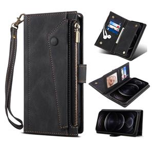 huismerk Retro Frosted Horizontal Flip Lederen Case met Houder & Card Slot & Portemonnee & Rits Pocket & Lanyard voor iPhone 13 Pro (Black)