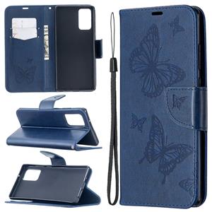 huismerk Voor Samsung Galaxy Note20 Embossing Two Butterflies Pattern Horizontal Flip PU Leather Case met Holder & Card Slot & Wallet & Lanyard(Blue)