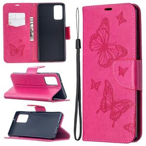 huismerk Voor Samsung Galaxy Note20 Embossing Two Butterflies Pattern Horizontal Flip PU Leather Case met Holder & Card Slot & Wallet & Lanyard(Rose Red)