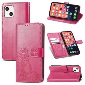 huismerk Voor iPhone 13 Vier-Blad Clover Clasp Inmorting Buckle Mobiele Telefoon Bescherming Leren Case met Lanyard & Card Slot & Portemonnee & Bracket-functie