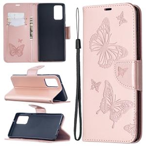 huismerk Voor Samsung Galaxy Note20 Embossing Two Butterflies Pattern Horizontal Flip PU Leather Case met Holder & Card Slot & Wallet & Lanyard(Rose Gold)