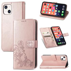 huismerk Voor iPhone 13 Four-Leaf Clover Clasp Inmorting Buckle Mobiele Telefoon Bescherming Lederen Case met Lanyard & Card Slot & Portemonnee & Bracket-funct