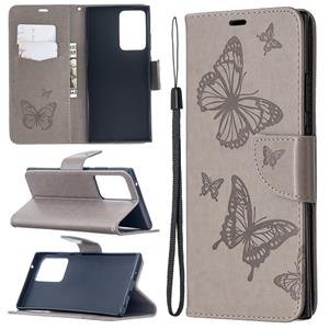 huismerk Voor Samsung Galaxy Note20 Ultra Embossing Two Butterflies Pattern Horizontal Flip PU Leather Case met Holder & Card Slot & Wallet & Lanyard(Grey)