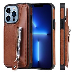 huismerk Solid Color Double Buckle Rits Shockproof Telefoon Case voor iPhone 13 Pro (Brown)