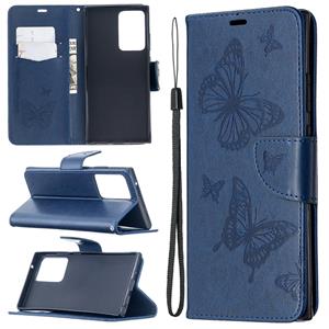 huismerk Voor Samsung Galaxy Note20 Ultra Embossing Two Butterflies Pattern Horizontal Flip PU Leather Case met Holder & Card Slot & Wallet & Lanyard(Blue)