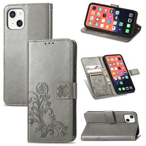 huismerk Voor iPhone 13 Vier-Blad Clover Clasp Inmorting Buckle Mobiele Telefoon Bescherming Leren Case met Lanyard & Card Slot & Portemonnee & Bracket Functie