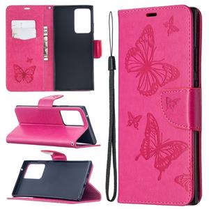 huismerk Voor Samsung Galaxy Note20 Ultra Embossing Two Butterflies Pattern Horizontal Flip PU Leather Case with Holder & Card Slot & Wallet & Lanyard(Rose Red