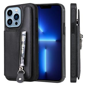 huismerk Solid Color Double Buckle Rits Shockproof Phone Case voor iPhone 13 Pro (Black)