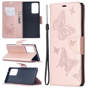 huismerk Voor Samsung Galaxy Note20 Ultra Embossing Two Butterflies Pattern Horizontal Flip PU Leather Case with Holder & Card Slot & Wallet & Lanyard(Rose Gol