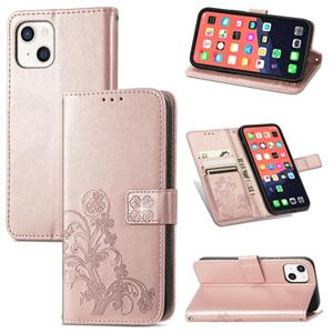 huismerk Voor iPhone 13 Mini Vierblad Klaver Clasp Inmorting Buckle Mobiele Telefoon Bescherming Leren Case Met Lanyard & Card Slot & Portemonnee & Bracket Fun