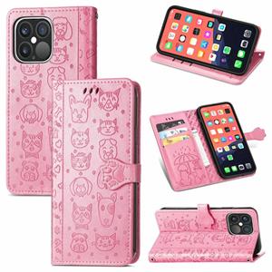 huismerk Leuke kat en hond reliëf horizontale flip lederen tas met houder & kaart slots & portemonnee & lanyard voor iphone 13 pro max