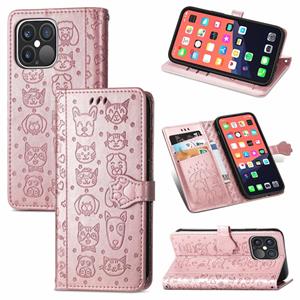 huismerk Leuke kat en hond reliëf horizontale flip lederen tas met houder & kaart slots & portemonnee & lanyard voor iphone 13 pro max (rose goud)