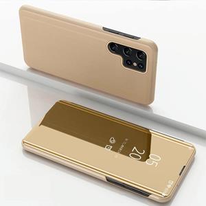 huismerk Voor Samsung Galaxy S22 Ultra 5G Geplated Mirror Horizontal Flip Leren Case met Houder (Goud)