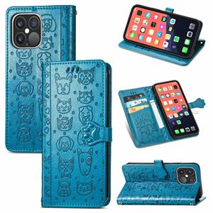 huismerk Leuke kat en hond reliëf horizontale flip lederen tas met houder & kaart slots & portemonnee & lanyard voor iphone 13 pro max