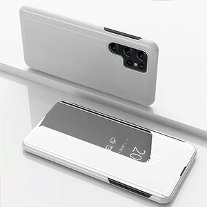 huismerk Voor Samsung Galaxy S22 Ultra 5G Geplated Spiegel Horizontale Flip Leren Case met Houder (Silver)