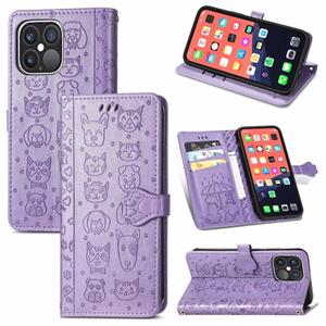 huismerk Leuke kat en hond reliëf horizontale flip lederen tas met houder & kaart slots & portemonnee & lanyard voor iphone 13 pro max