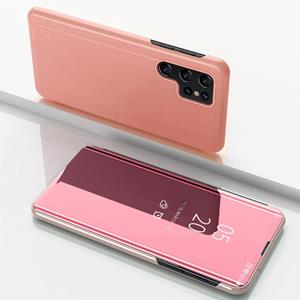 huismerk Voor Samsung Galaxy S22 Ultra 5G Geplated Spiegel Horizontale Flip Leren Case met Houder (Rose Gold)