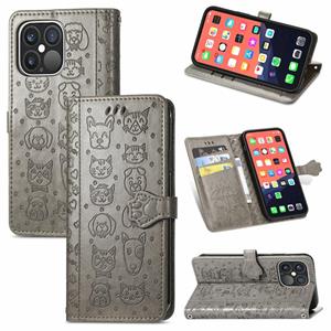 huismerk Leuke kat en hond reliëf horizontale flip lederen tas met houder & kaart slots & portemonnee & lanyard voor iphone 13 pro max