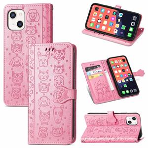 huismerk Leuke kat en hond reliëf horizontale flip lederen tas met houder & kaart slots & portemonnee & lanyard voor iphone 13